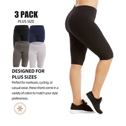 3 Pack Women's Curvy Plus Size Knee Length Cotton Legging Shorts