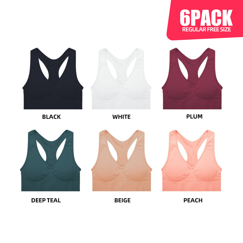 6 Pack Women's Seamless Wireless Racerback Sports Bra with Removable Pads